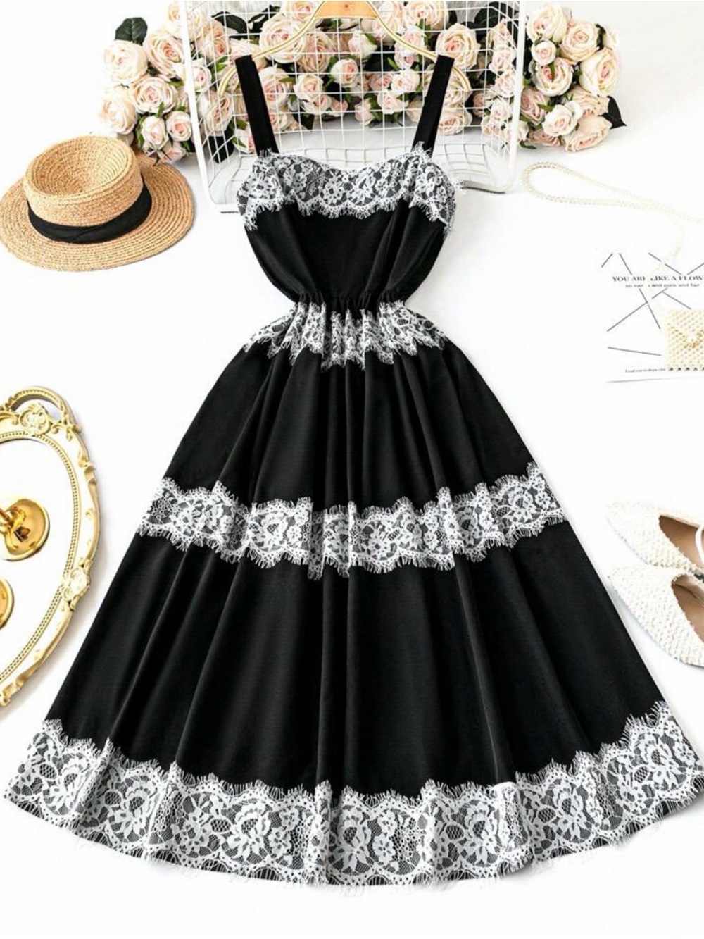 Black Lace-Trim Midi Sundress with Adjustable Straps